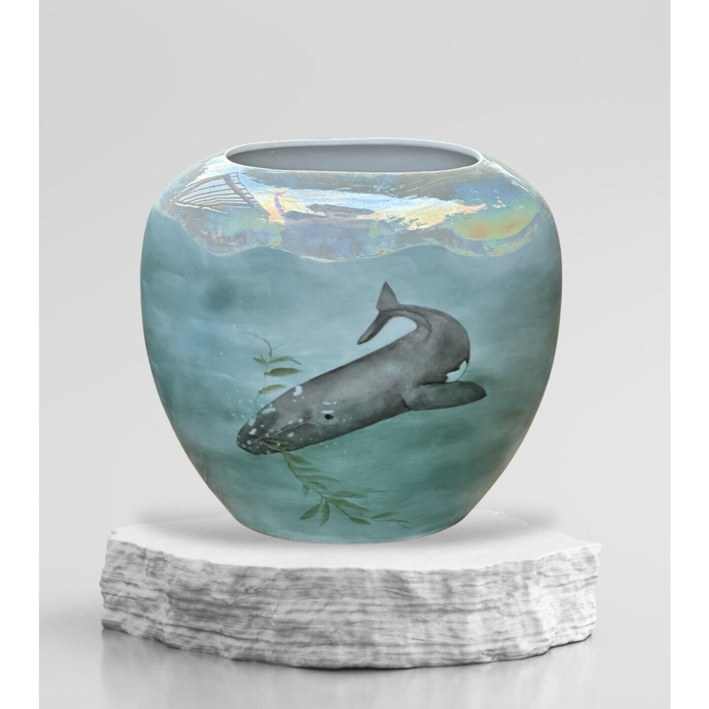 Vintage Handmade Painted Whale Ocean Porcelain Pillow Vase Decor Signed Inger - Picture 2 of 10